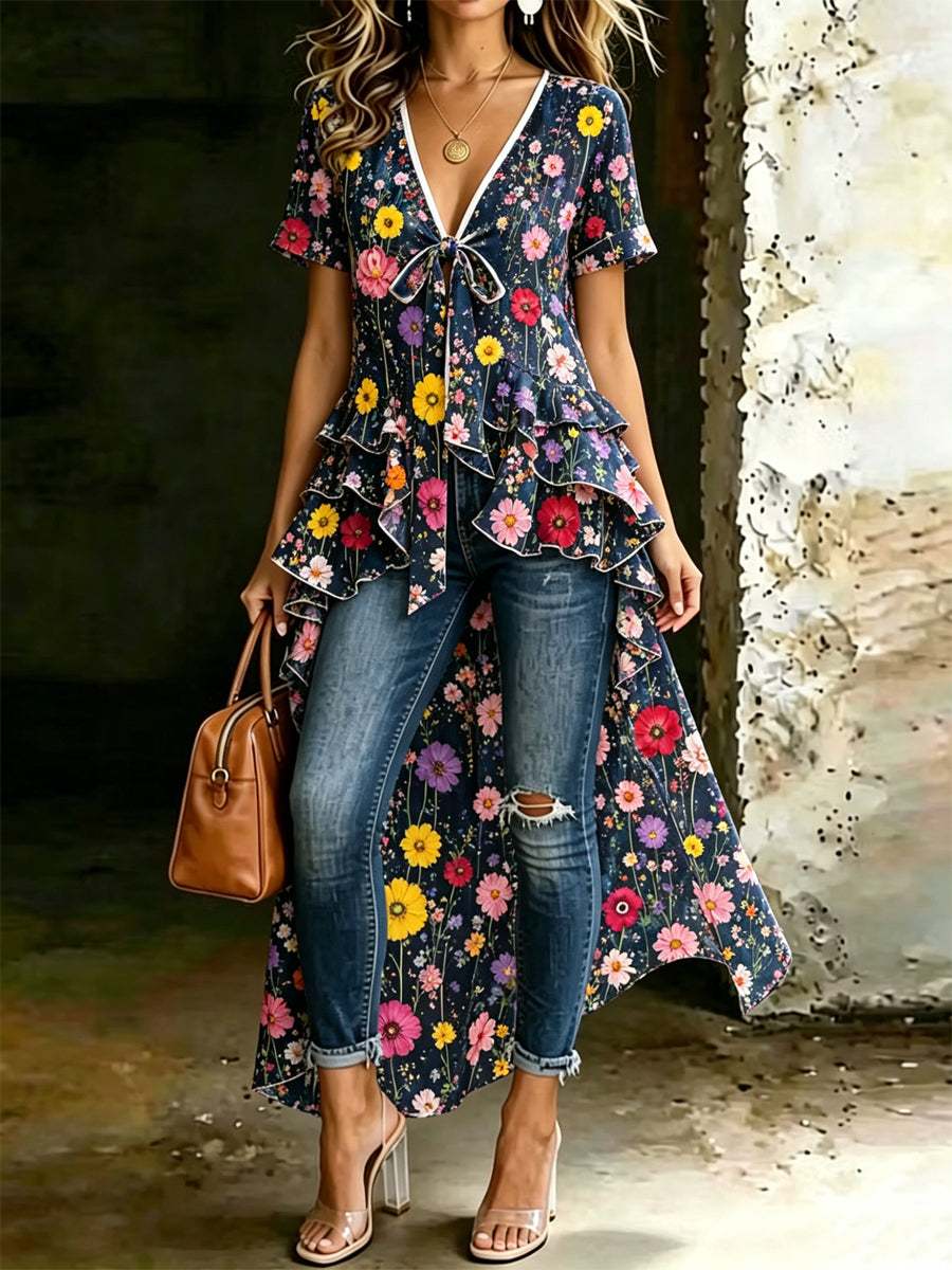 Retro Style Art Printed V-Neck Vintage Casual Irregular Short-Sleeved Top